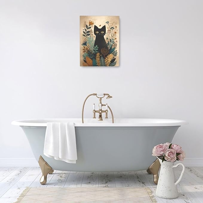 Boho Black Cat Wall Art Kitten Botanical Wall Decor Mid Century Modern Canvas Painting Print Minimalist Pictures Artwork Framed Decorations Gifts for Cat Lover Bathroom Nursery Living Room Bedroom Kitchen 16"x20"-PawvioPets