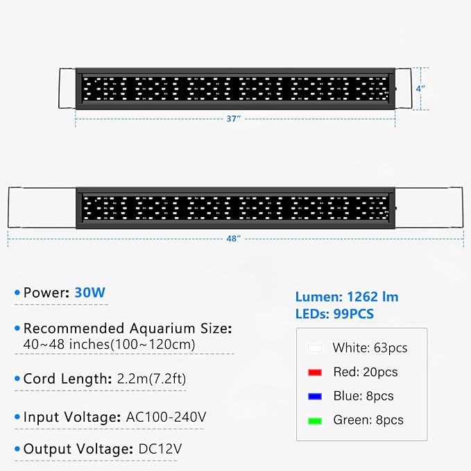 AQQA Aquarium Light,Full Spectrum Fish Tank Light for Plants,3 Mode+Timer+Adjustable Brightness,High Brightness LED Beads with Extendable Brackets for Freshwater (30W for 40-48inch)-PawvioPets