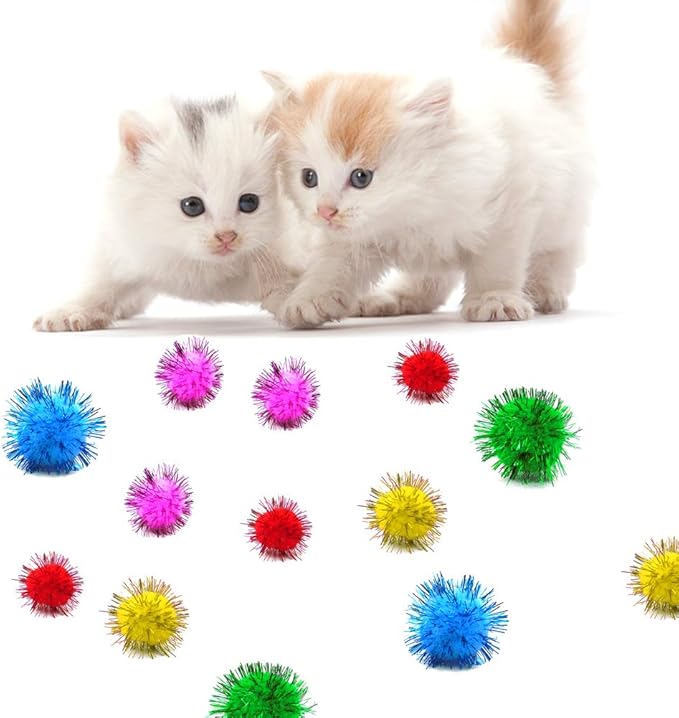 80 Pieces Cat Sparkle Balls Assorted Color 1 Inch Pom Poms Tinsel Cat Ball Toy Puff Balls Glitter Ball for Cats Kitten Toys for Indoor Cats and Crafts-PawvioPets