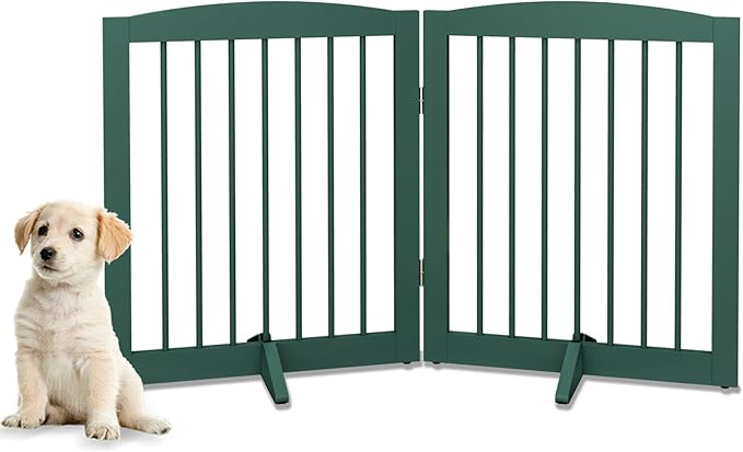 Freestanding Pet Gate for Dogs, Foldable Wooden Dog Gate for House, Stairs, Doorways, Step Over Pet Puppy Safety Fence,Support Feet Included,24" Height 2 Panels, Green-PawvioPets