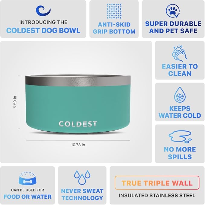 Coldest Dog Bowl - Anti Rust Metal, Non Slip, 3 Layers Insulated Stainless Steel Dog Bowls - Spill Proof & Heavy Duty - Water Bowl for Dogs, Cats & Pets, Dish Washer Safe (200 oz, Terraform Green)-PawvioPets