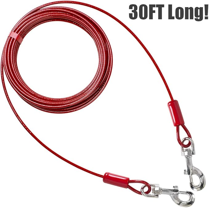 BV Dog Tie Out Cable 30 Feet - Heavy Duty Dog Lead Up to 125 Pounds - Reflective & Rust-Free with Quick Release Swivel Clips & 360° Rotating Clasp - Tangle-Free Dogs Runner for Yard (Red, Single)-PawvioPets