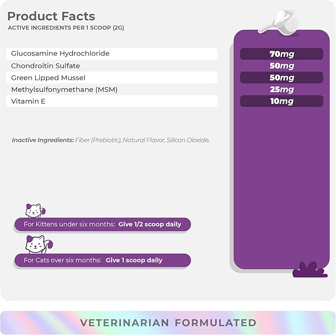Glucosamine for Cats - 4.23oz/120g Powder - Hip and Joint Supplement for Cats with Green Lipped Mussel, MSM, Chondroitin, and Vitamin E-PawvioPets