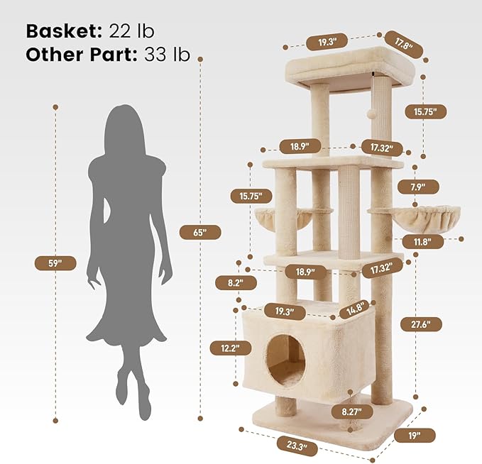 Gardner Pet 65in Heavy Duty Cat Tree Tower for Large Cats, Multi-Level Cat Furniture with Replaceable Sisal Scratching Post, Hammock | Extra-Large Platform & Condo (Upgraded Beige)-PawvioPets
