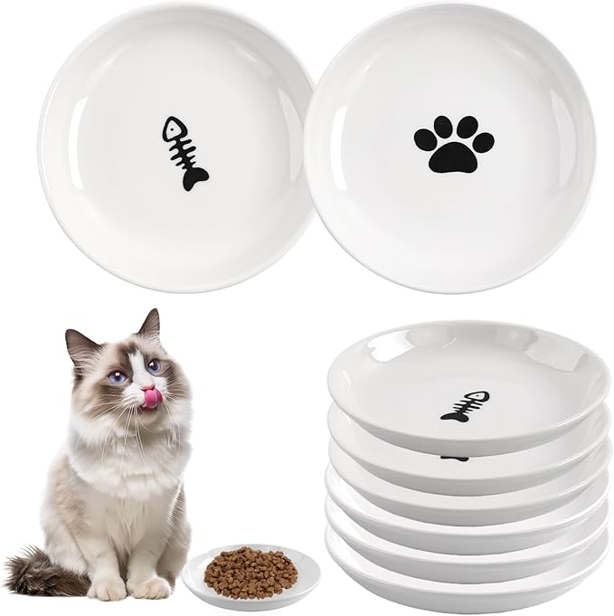 6 Pack Cat Food Bowl, Ceramic Cat Bowls, Anti Whisker Fatigue Cats Bowl Set,5.5 Inches Shallow Wide Kitten Plates for Food and Water (Cat's Paw+Fishbone)-PawvioPets