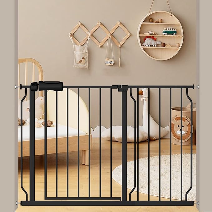 Extra Wide Baby Gate With 14.17in Extensions - Walk Through Pressure Mount Auto Close Child Safety Gate (Black, Extension-14.17"/36cm)-PawvioPets