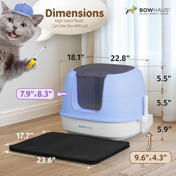 Detachable Cat Litter Box with Lid, 3-in-1 Cat Toilet of Cats, Large Space Anti-Leakage Cat Litter Box with Scoop, Cat Mat & Odor Fitter, Blue-PawvioPets