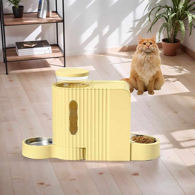 Automatic Cat Food Feeder and Water Dispenser,2 in 1 Gravity Cat Feeder and Water Dispenser with Stainless Steel Bowl,2 Pack Large Capacity Self Feeding for Small Medium Pets Puppy Kitten-PawvioPets