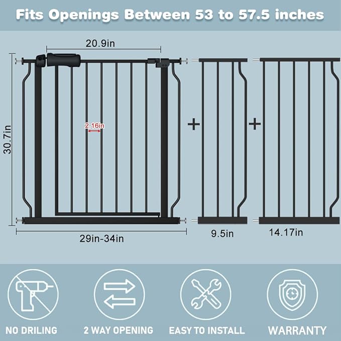 Extra Wide Baby Gate Black 53-57.5 Inch Wide Walk Through Pressure Mounted No Drill Long and Large Tension Metal Gate for Dog and Toddler-PawvioPets