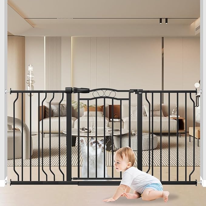 53.1-62.5 Inch Extra Wide Baby Gate, Pressure Mounted Dog Gate Indoor, Walk Thru Pet Gate for Cat Dog Child,Pet Gates for The House Doorway Black-PawvioPets