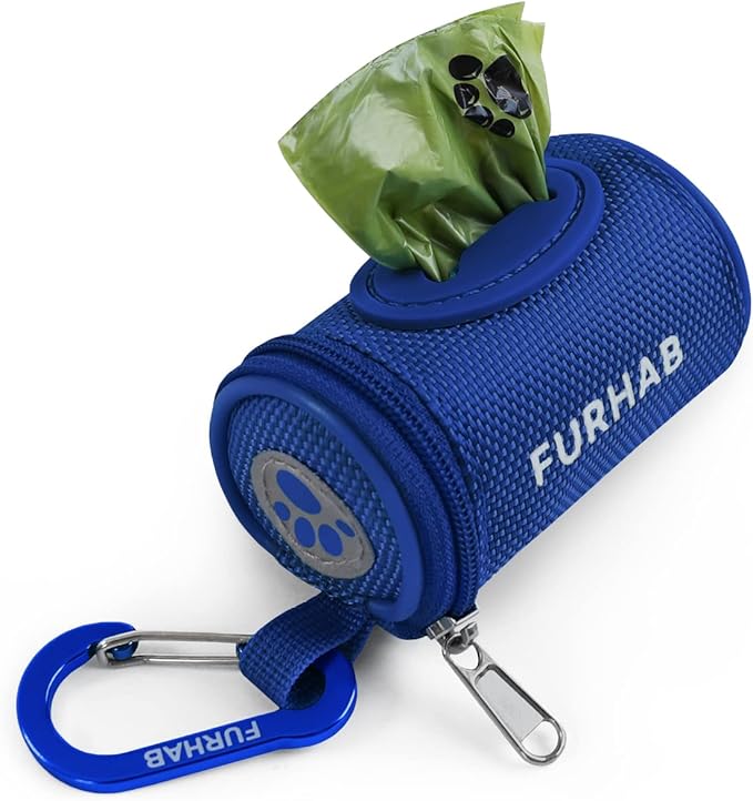 Dog Poop Bag Holder for Leash Doggie Waste Bag Dispenser Soft Fabric Puppy Potty Carrier Small Doggy Zipper Pouch with Carabiner Clip 1680D Nylon Oxford with 1 Roll of Pet Trash Bag, Royal Blue-PawvioPets