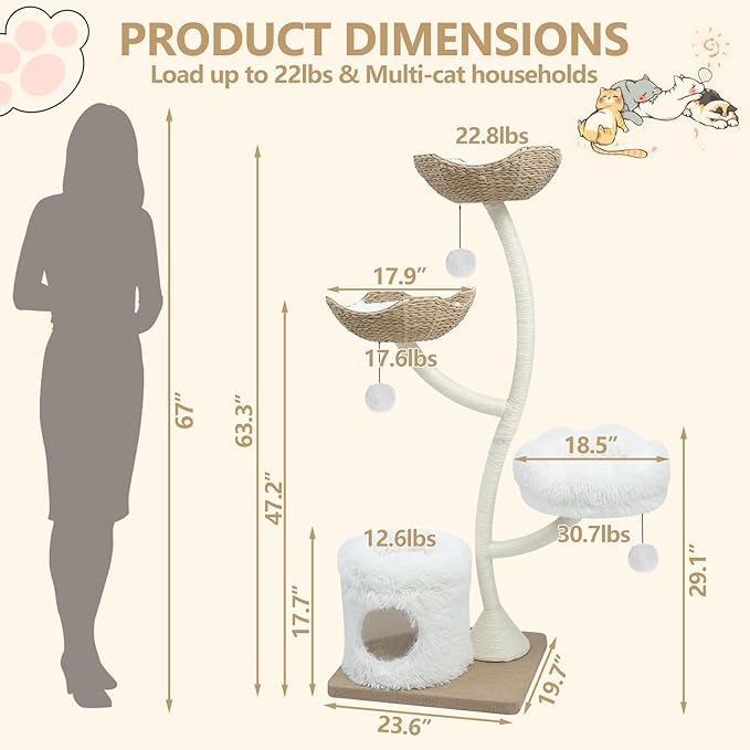 63” Tall Cat Tree Tower for Indoor Cats, Multi-Level Large Cat Climbing Furniture with Scratching Posts, Soft Perch, Cozy Cave, and Hanging Toys, Sturdy Design for Multi-Cat Households-PawvioPets