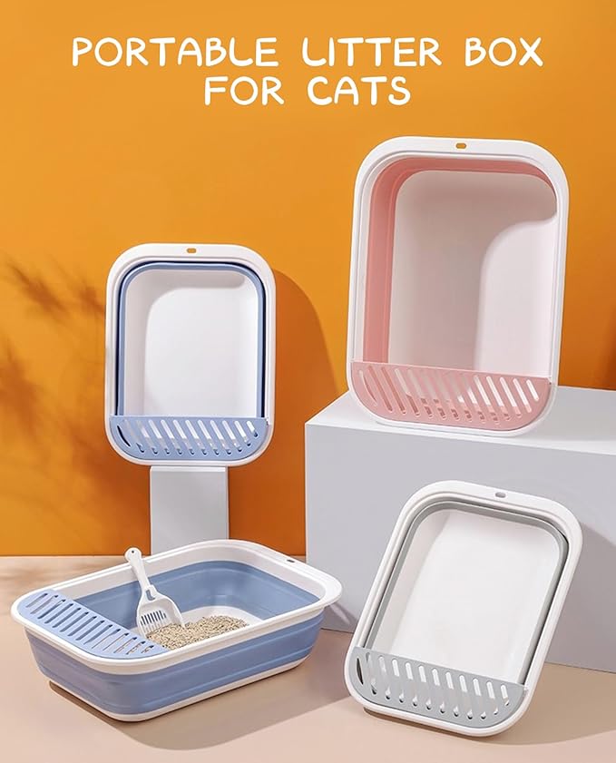 BNOSDM Senior Cat Litter Box Low Entry Kittens Travel Litter Box with Scoop Open Collapsible Shallow Cats Potty Pan Foldable Pet Toilet for Sick Disabled Older Elderly Cats Pink-PawvioPets