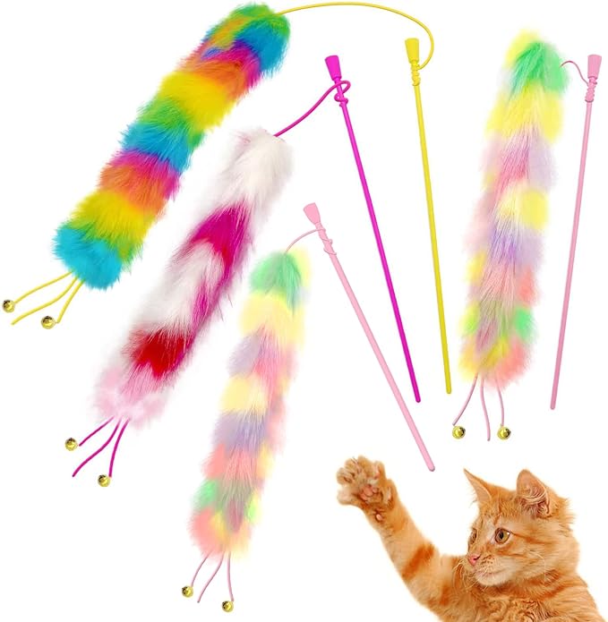 4 Pack Cat Wand Toy, Rainbow Cat Feather Toys with Bells, Teaser Wand with Soft Furry Tail, Interactive Toys for Indoor Cats & Kitten & Kitty-PawvioPets