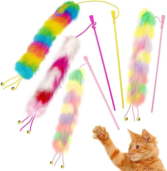 4 Pack Cat Wand Toy, Rainbow Cat Feather Toys with Bells, Teaser Wand with Soft Furry Tail, Interactive Toys for Indoor Cats & Kitten & Kitty-PawvioPets