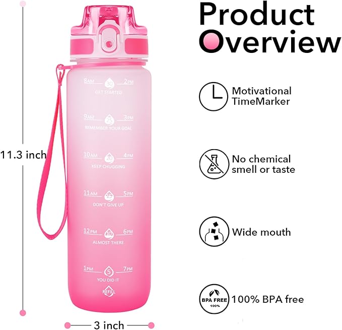 32oz Motivational Water Bottles with Time Marker & Fruit Strainer, Transparent Gradient Color Water Bottle with Times to Drink, Leakproof & BPA Free, Reusable Bottle with Strap (No Straw)-PawvioPets