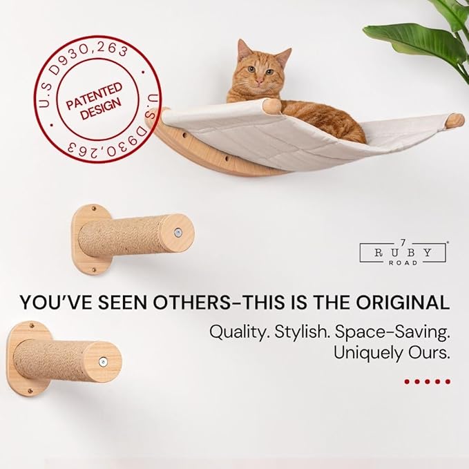 7 Ruby Road Cat Hammock Wall Mounted Shelf with Two Steps Set - Wall Shelves and Perches for Sleeping, Playing, Climbing and Lounging - Modern Cat Bed & Furniture for Indoor and Large Cats or Kitty-PawvioPets