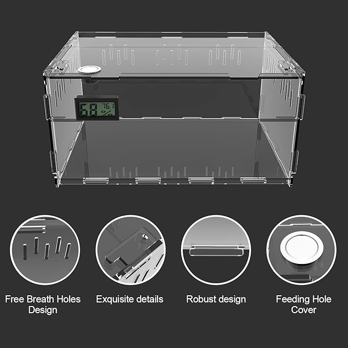BETAZOOER Reptile Terrarium Breeding Tank Acrylic Reptile Feeding Box with Temperature Hygrometer (11.4"x7.7"x5.9")-PawvioPets