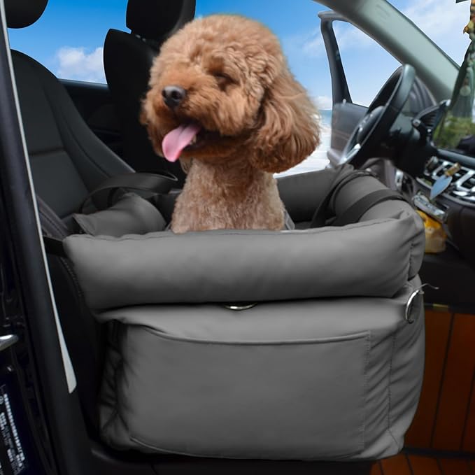 Dog Car Seat for Small Dogs, Large Leather Dog Car Bed with Storage Pocket, Waterproof PVC Leather Booster Seat Travel Bed for Front & Back Seat, Clip-On Safety Leash (Black/Grey)-PawvioPets