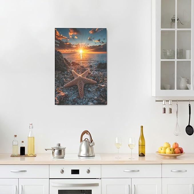 Beach Starfish Wall Decor Ocean Starfish Wall Art Sunset Scenery Coastal Theme Pictures Canvas Nature Seascape Painting Print Framed Artwork Decorations for Home Bathroom Living Room Bedroom Office 16"x24"-PawvioPets