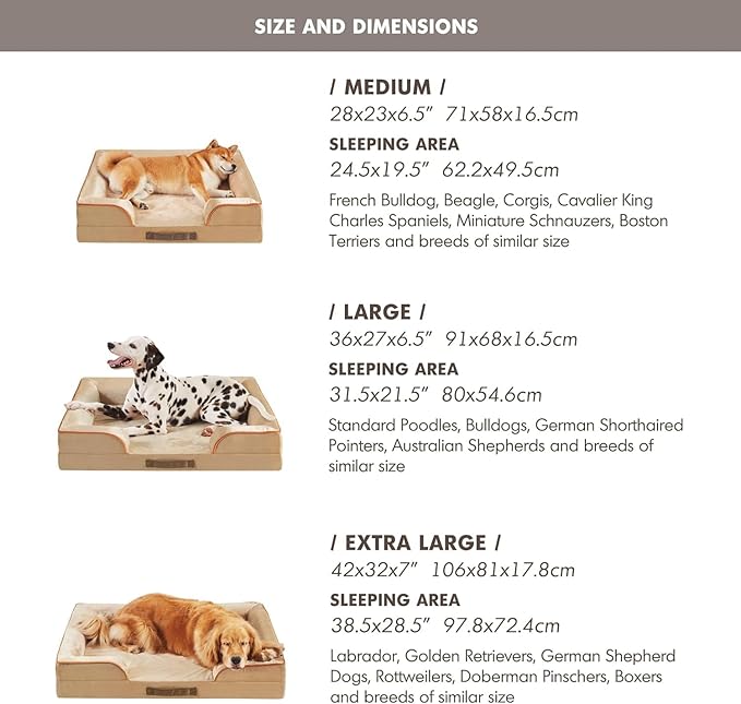Friends Forever Orthopedic Dog Bed for Extra Large Dogs, Waterproof Memory Foam Dog Sofa Bed XL with Removable Washable Cover, Ally Khaki, 42x32x7-PawvioPets
