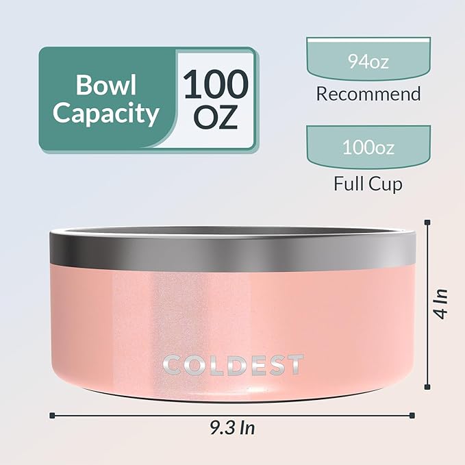 Coldest Dog Bowl - Anti Rust Metal, Non Slip, 3 Layers Insulated Stainless Steel Dog Bowls - Spill Proof & Heavy Duty - Water Bowl for Dogs, Cats, Dish Washer Safe (100 oz, Forever Pink Glitter)-PawvioPets
