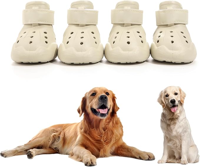 Dog Shoes, Dog Sandals for Hot Pavement, Non-Slip Waterproof Dog Booties for Winter Snowy Day and Summer, Adjustable Straps Easy-Clean Beach Outdoor Pet Boots Rugged Sole-4Pcs Beige-PawvioPets