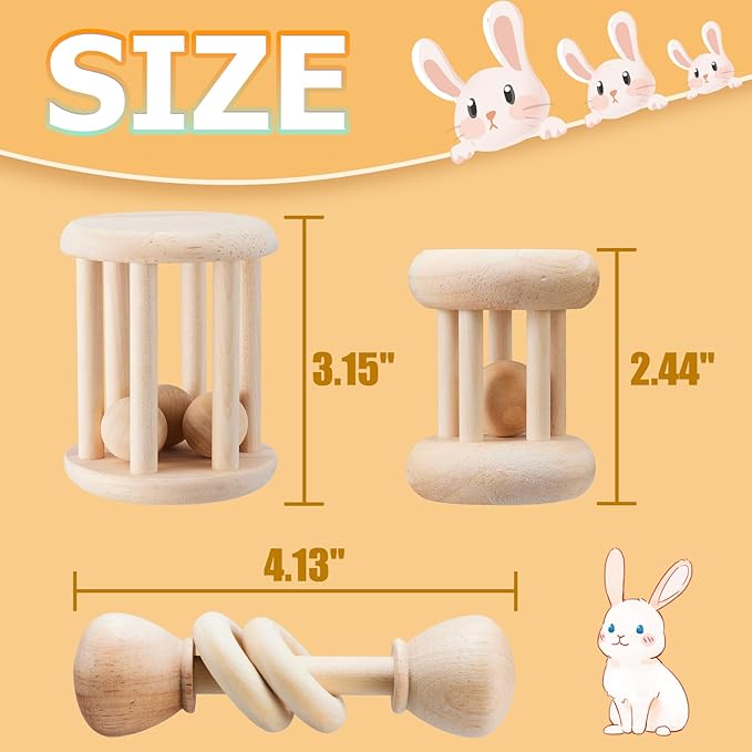 3 Pcs Natural Wooden Bunny Toys, Safe Rabbit Toys for Guinea Pig Chinchillas Hamsters Small Animals Playing Teeth Grinding Indoor Outdoor-PawvioPets