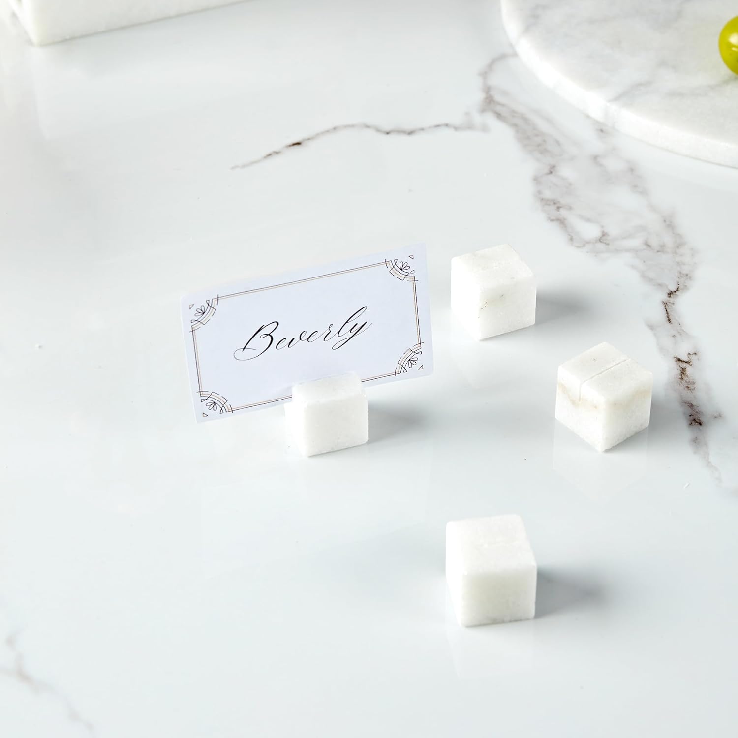 White Marble Cube Place Card Holders, Handmade Polished Card Stands, Simple and Elegant Sign Stand, Set of 4 Table Decor for Dinner Party, Wedding and Housewarming Present