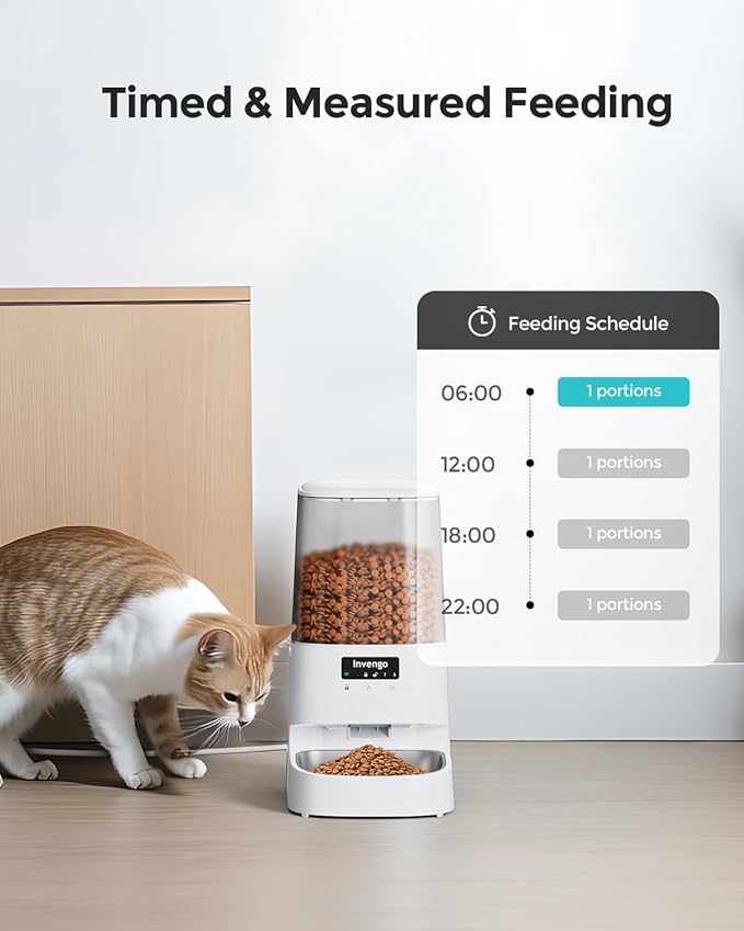 Cat Feeder Automatic - Cat Food Dispenser MeowServe S20, Auto Dog Feeder with Stainless Steel Bowl, 5L Pet Feeder with Patented Anti-Jam Port, App, Dual Lock Lid, Dual-Band WiFi & Power, White-PawvioPets