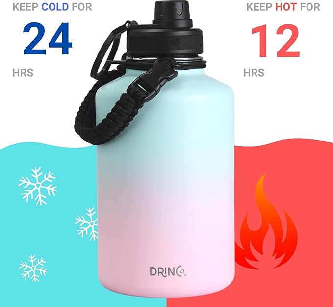 DRINCO Stainless Steel Water Bottle Spout Lid Vacuum Insulated Double Wall Water Bottle Wide Mouth (64oz 40oz 32oz 22oz 18oz 14oz) Leak Proof Keep Cold Sport Camping Hiking (64 oz, 64oz Macaron)-PawvioPets
