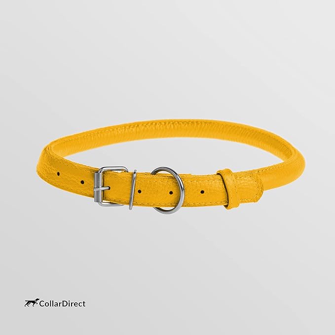 CollarDirect Rolled Leather Dog Collar, Soft Padded Round Puppy Collar, Handmade Genuine Leather Collar Dog Small Large Cat Collars 13 Colors (11-14 Inch, Yellow Textured)-PawvioPets