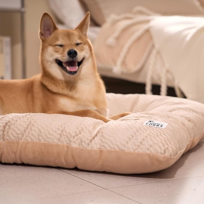 FUNNY FUZZY 2 in 1 Dog Crate Bed Pad for Large Sized Dog, Washable Reversible Pet Soft Mats,Durable Fluffy Kennel Mattress,Indoor Cats, 35" × 23", Beige-PawvioPets