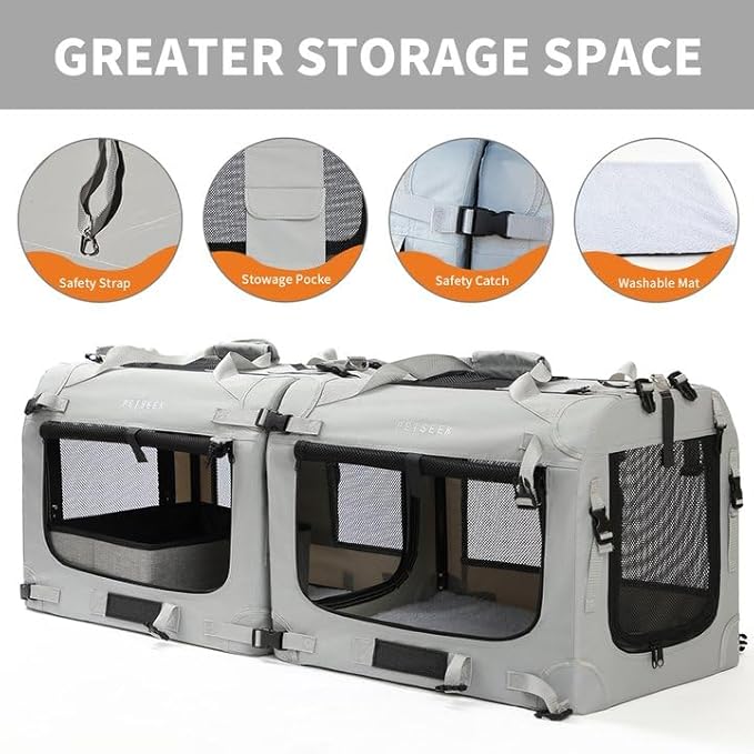 Extra Large Cat Carrier Soft Sided, Portable Small Dog Carrier for 2 Cats, 24"x16.5"x16" Car Travel Folding Comfortable Design with Litter Box and Bowls, Grey-2+ Litter Box+ Bowl*2-PawvioPets