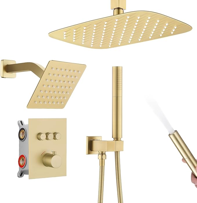 12 Inch Rain Shower System, Brushed Gold Shower Faucet Set with Push Button Diverter, 6 Inch Wall Mounted 3-Functions Bathroom Shower Systems with Dual-Function Handheld (Thermostatic, Gold Brushed)-PawvioPets
