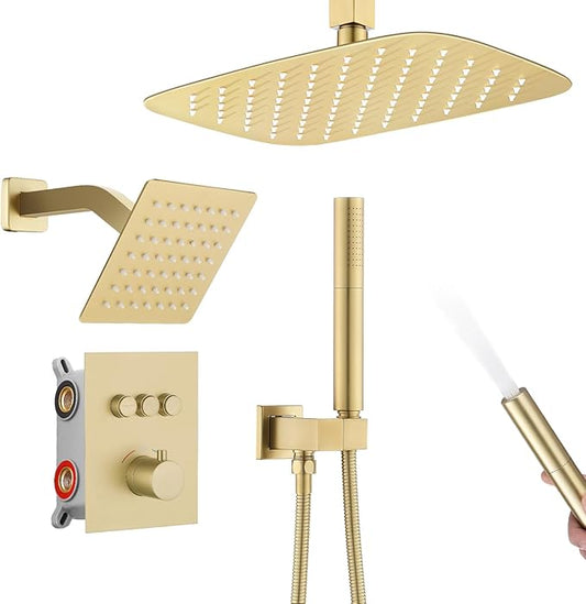 12 Inch Rain Shower System, Brushed Gold Shower Faucet Set with Push Button Diverter, 6 Inch Wall Mounted 3-Functions Bathroom Shower Systems with Dual-Function Handheld (Thermostatic, Gold Brushed)-PawvioPets