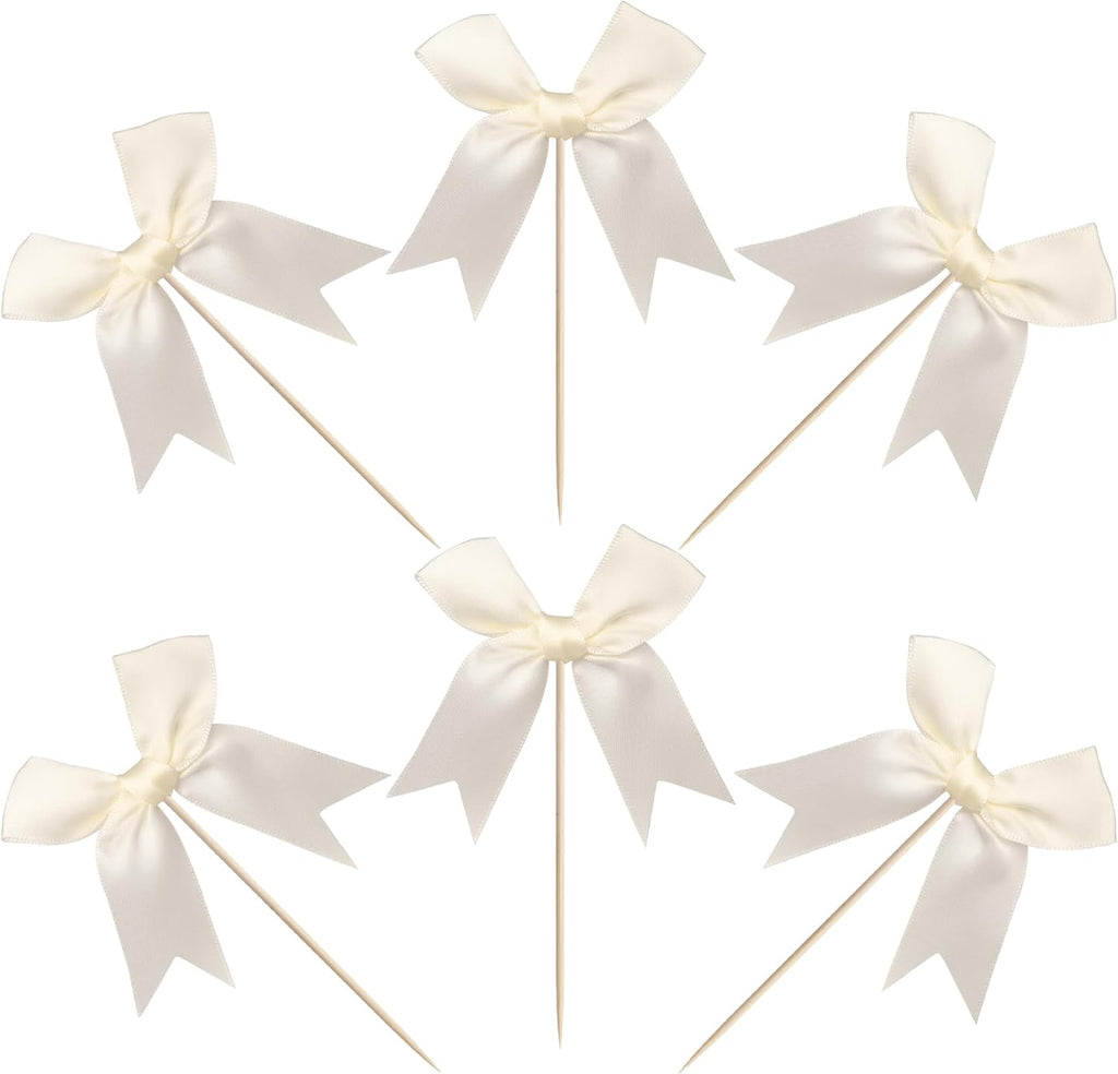 24 PCS Bow Cupcake Toppers Bowknot Coquette Bow Girls Birthday Cake Decorations Bow Cake Toppers Bowknot Cupcake Picks for Baby Shower Birthday Wedding Bridal Engagement Party Supplies Beige