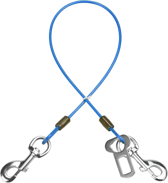 Dog Seat Belt Harness for Car,Dog Seatbelt of Coated Wire Leash Safety Restraint,No Chew Tether Cable Vehicle,Double Clips & Latch(Blue, 32 inch/80 CM)-PawvioPets