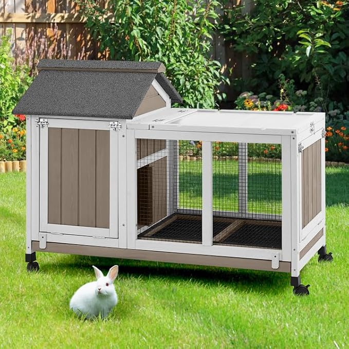 38''L Rabbit Hutch Outdoor Indoor with Wheels, Wooden Expandable 2 Story Bunny House Rabbit Cage with Run, Waterproof Roof, Pull Out Tray, Guinea Pig Cage Chicken Coop for Small to Medium Pets-PawvioPets