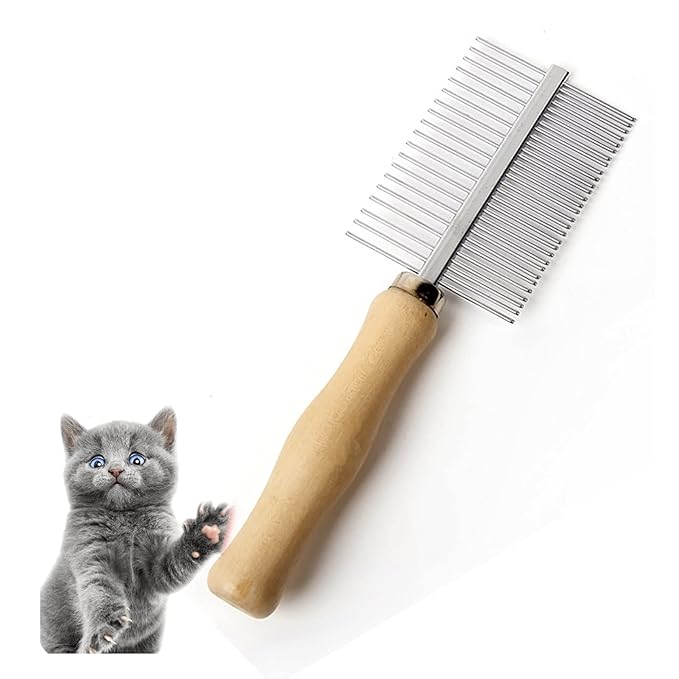 Dog Cat Pet Comb Double-Sided Grooming Brush Metal Comb for Loosening up Removing Mats Debris Tangles and Knots Wooden Handle Stainless Steel Tooth Perfect for Honghair Pets-PawvioPets