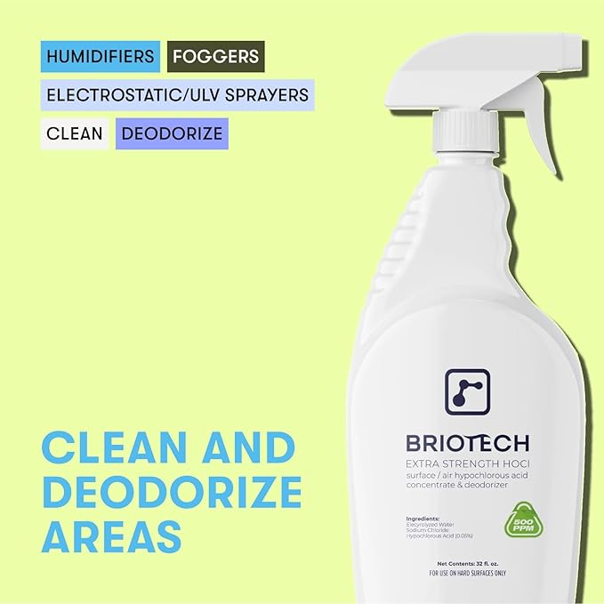 BRIOTECH Extra Strength HOCl Cleaner, 500 PPM Hypochlorous Acid Concentrate, ULV Foggers & Humidifiers, Professional Deodorizer for Dental, Offices, Schools, Homes, Peroxide Free, 1 Gallon (4 Pack)-PawvioPets