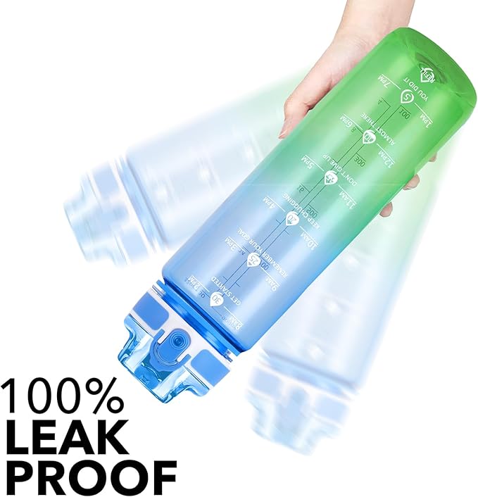 32oz Motivational Water Bottles with Time Marker & Fruit Strainer, Transparent Gradient Color Water Bottle with Times to Drink, Leakproof & BPA Free, Reusable Bottle with Strap (No Straw)-PawvioPets