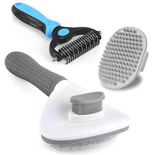 3PCS Dog Grooming Brush - Dog Brush for Shedding Massaging Bathing - Double Sided Shedding, Dematting Undercoat Rake - Self Cleaning Slicker Comb for Dogs and Cats with Long or Short Coats-PawvioPets