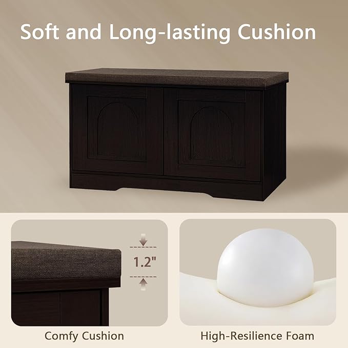 DINZI LVJ Shoe Bench, Entryway Storage Bench with Doors, Cushion, 2-Tier Shoe Rack with 6-Cubby, 31.5”L x 13.8”W Shoe Organizer Cabinet, Adjustable Shelf, Living Room, Bedroom, Espresso-PawvioPets