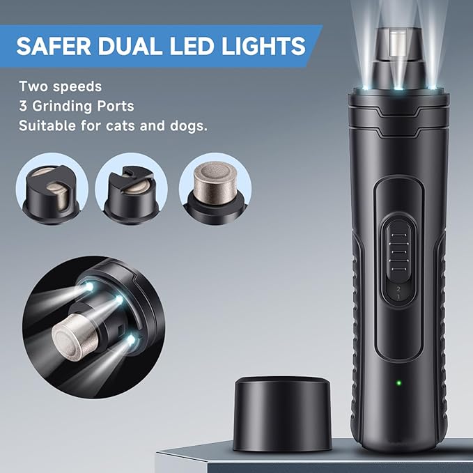 Dog Nail Grinder Quiet 2-Speed Pet Nail Grinder with 3 Led Lights and 3 Ports Rechargeable Electric Dog Nail Trimmer for Large and Small Dogs/Cats and Small Animals Safe (Black)-PawvioPets