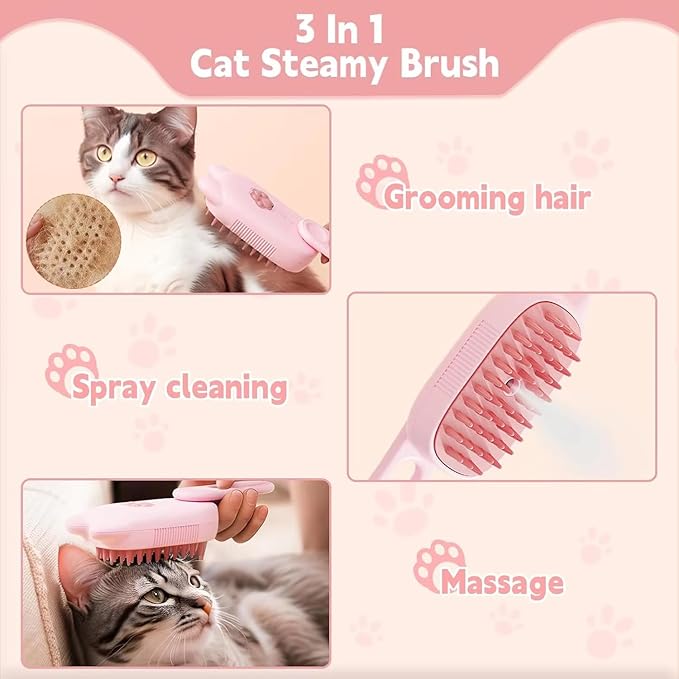 4 in 1 Cat Steam Brush Rechargeable pet spray comb Steam Brush for Cats and Dogs, Massage, Cleaning, Shedding & Combing Multifunctional Hair Removal Anti Static Grooming Tool for home (Pink)-PawvioPets