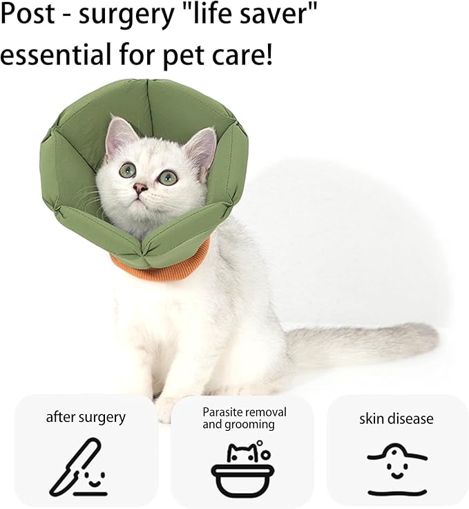 Cat Cone Collar - Soft Waterproof Elizabethan for Cats, Cute Green Flower Anti-Lick Recovery Collar, Adjustable Healing Collar for Wound Care & Surgery，M-PawvioPets