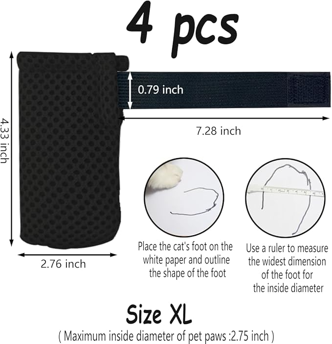 4 PCS Cat Mittens to Prevent Scratching,Mesh Breathable Cat Shoes,Adjustable Cats Anti Scratch Gloves,Suitable for Cats When Bathing and Nail Trimming(XL,Black)-PawvioPets