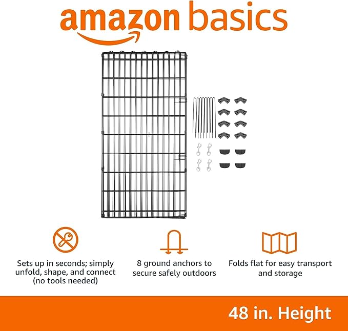 Amazon Basics Foldable Octagonal Metal Exercise Dog Playpen - Indoor/Outdoor, No Door, Extra Large (8 Panels, 24 x 48), Easy to assemble, store, and customize, 48" - X-Large, Black-PawvioPets