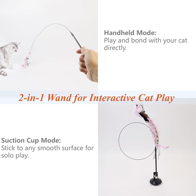 12PCS Interactive Cat Feather Wand Toy Set – 11 Bird & Feather Teaser Refills with Bells + Flexible Suction Cup Wand – Realistic Bird Design, Natural Materials, Indoor Cat Toys for Exercise & Play-PawvioPets
